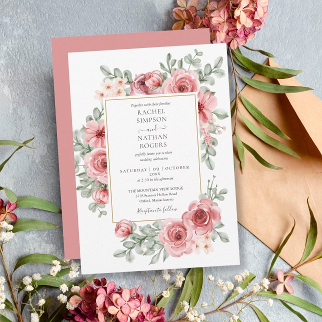 Invitation Mariage Poussiéreux Rose Doré Floral (Créateur téléchargé)