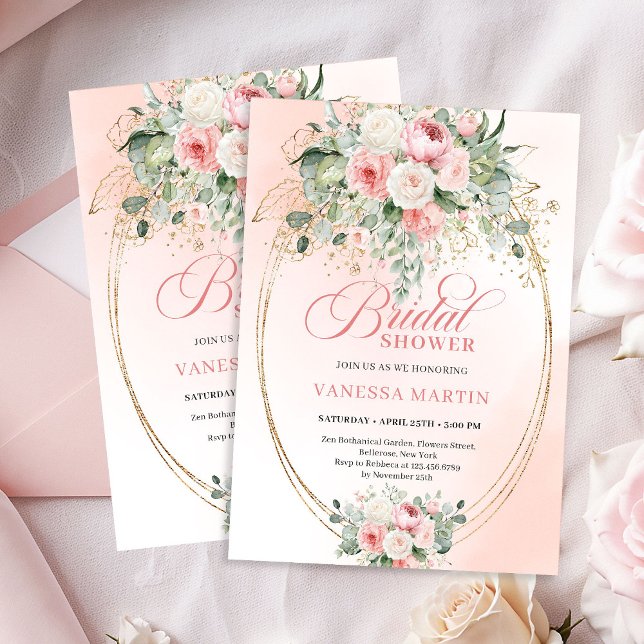 Invitation Mariage Poussiéreux Rose Eucalyptus Or Shower de M (Romantic Dusty Rose Eucalyptus Bridal Shower Invitation)