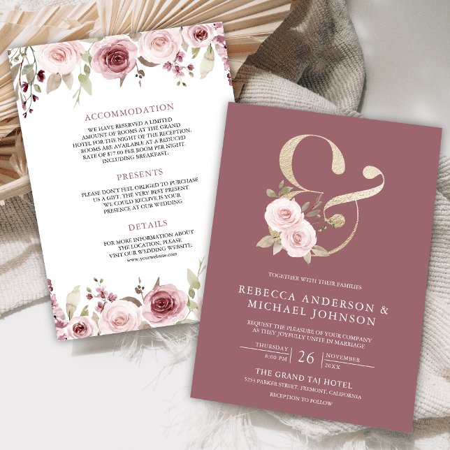 Invitation Mariage Poussiéreux Rose Florale Blush Esperluette (Créateur téléchargé)