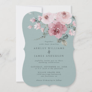 Invitation Mariage Poussiéreux Rose Pâle Bleu Brume Floral