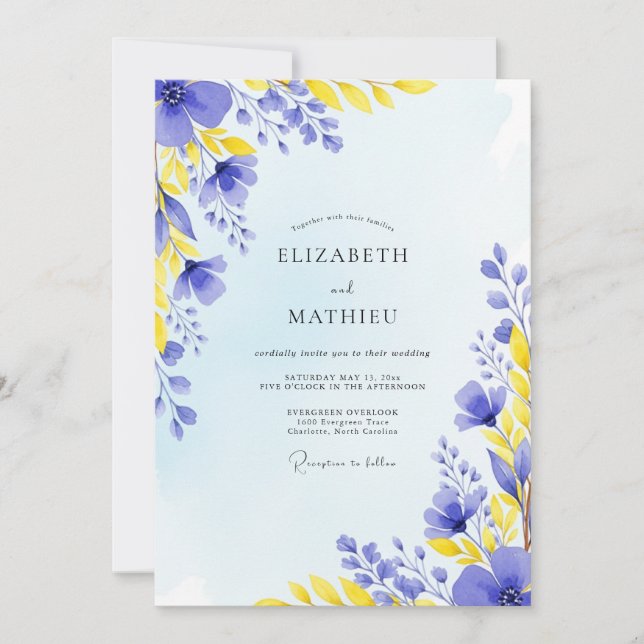 Invitation Mariage Prairie Ensoleillée Bleu Myosotis (Devant)