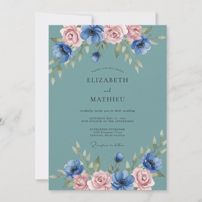 Invitation Mariage Prairie Fleurie de Bleu Turquoise (Devant)