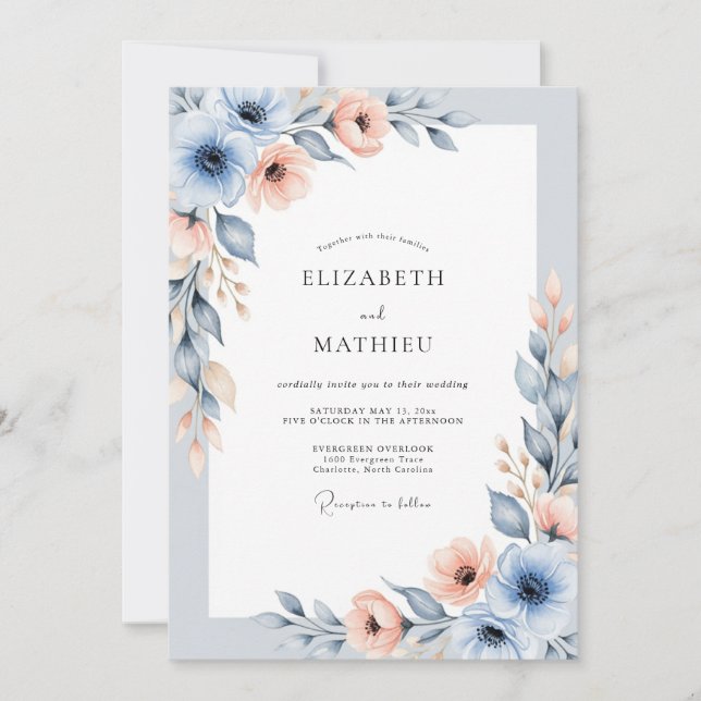 Invitation Mariage Prairie Lumineuse Bleu Poussiéreux (Devant)