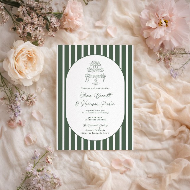 Invitation Mariage Préppy Cabana rayé vert foncé (Créateur téléchargé)