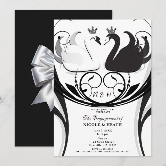 Invitation Mariage Princesse Élégant Cygne Noir et Blanc  (Devant / Derrière)