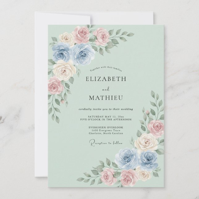 Invitation Mariage Printanier Abondant Vert Sauge (Devant)