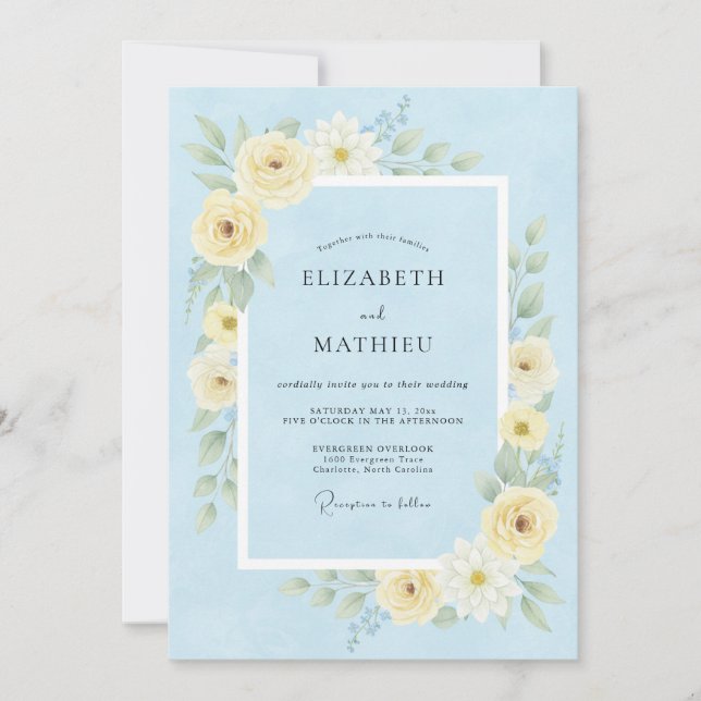Invitation Mariage printanier aéré bleu barbeau (Devant)