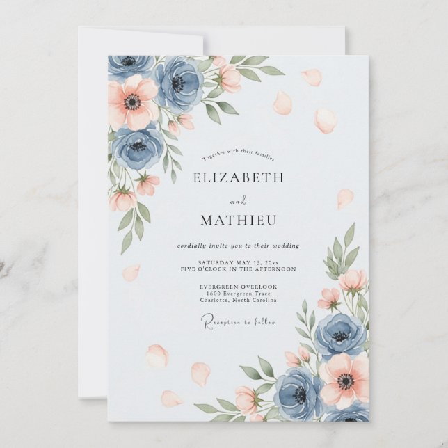 Invitation Mariage printanier aéré bleu poussiéreux (Devant)