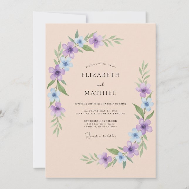 Invitation Mariage printanier aéré lavande et pêche (Devant)
