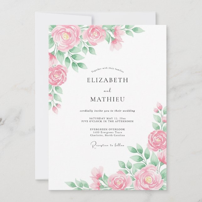 Invitation Mariage printanier aéré rose chou (Devant)