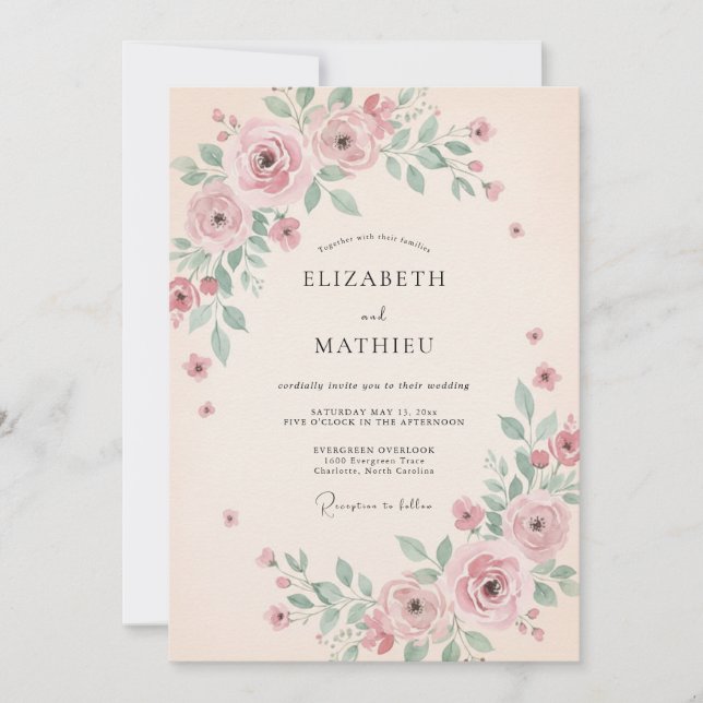 Invitation Mariage printanier aéré rose tendre (Devant)