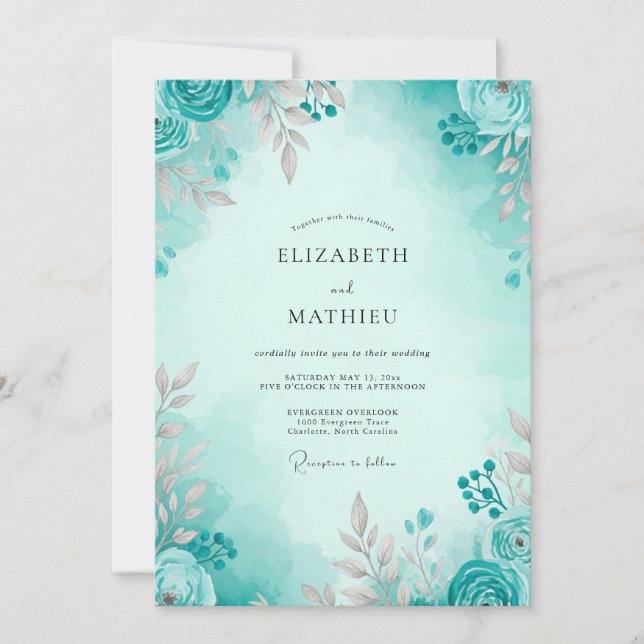 Invitation Mariage printanier aérien sarcelle (Devant)