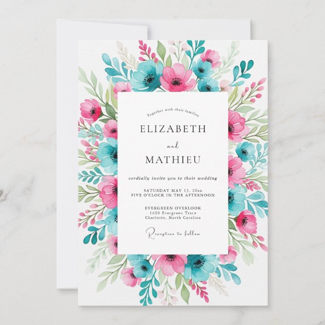 Invitation Mariage printanier animé sarcelle fuchsia (Devant)
