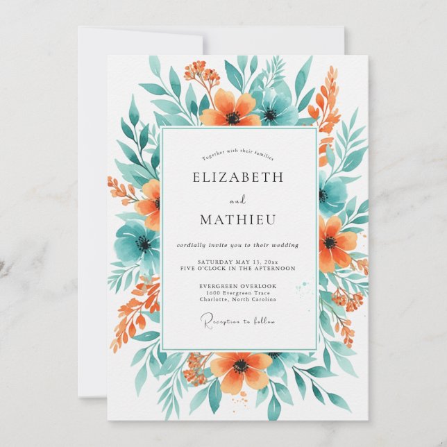 Invitation Mariage printanier aqua corail animé (Devant)
