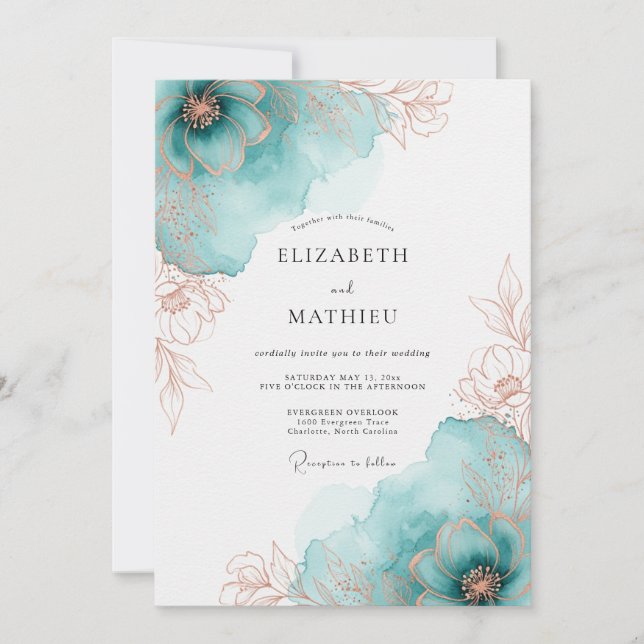 Invitation Mariage printanier artistique avec rose sarcelle e (Devant)
