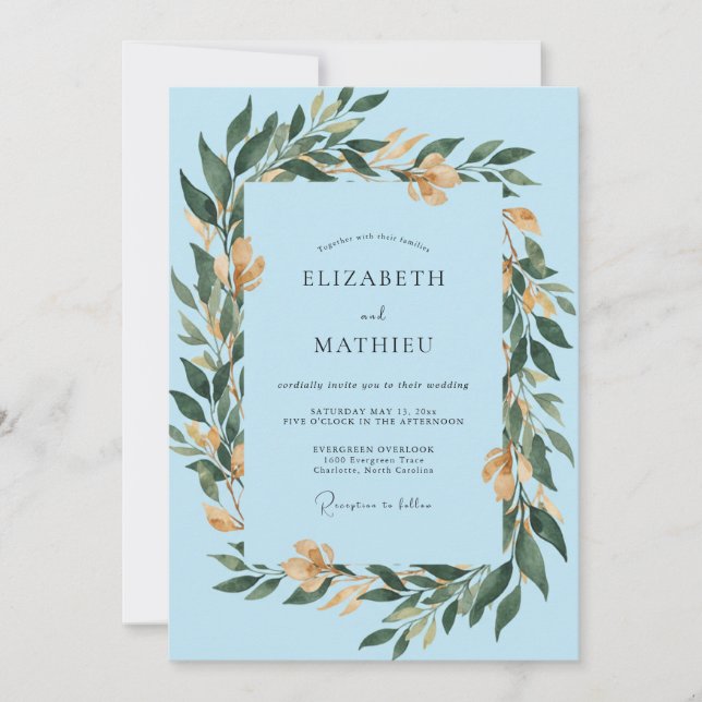 Invitation Mariage Printanier Bleu Céleste Verdoyant (Devant)