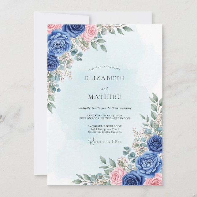 Invitation Mariage printanier bleu marine intense (Devant)