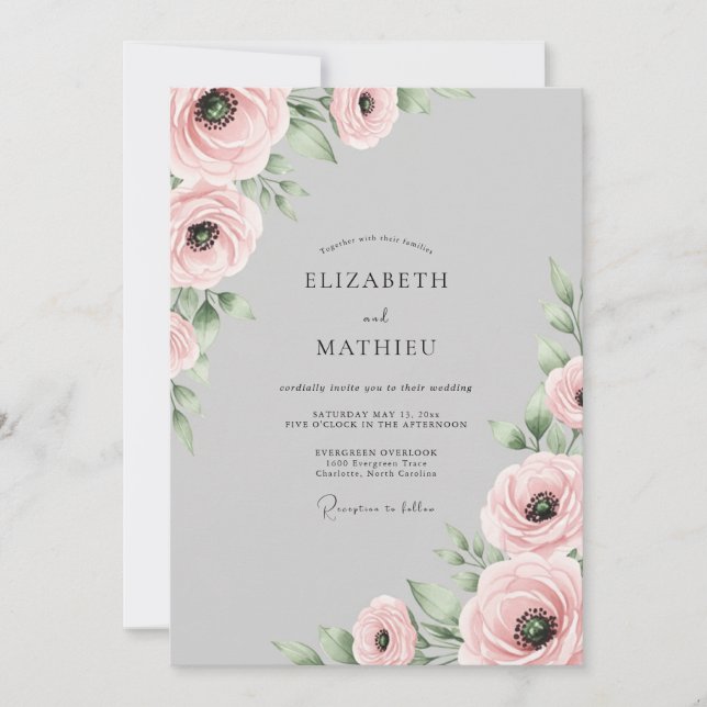Invitation Mariage printanier botanique doux gris colombelle (Devant)