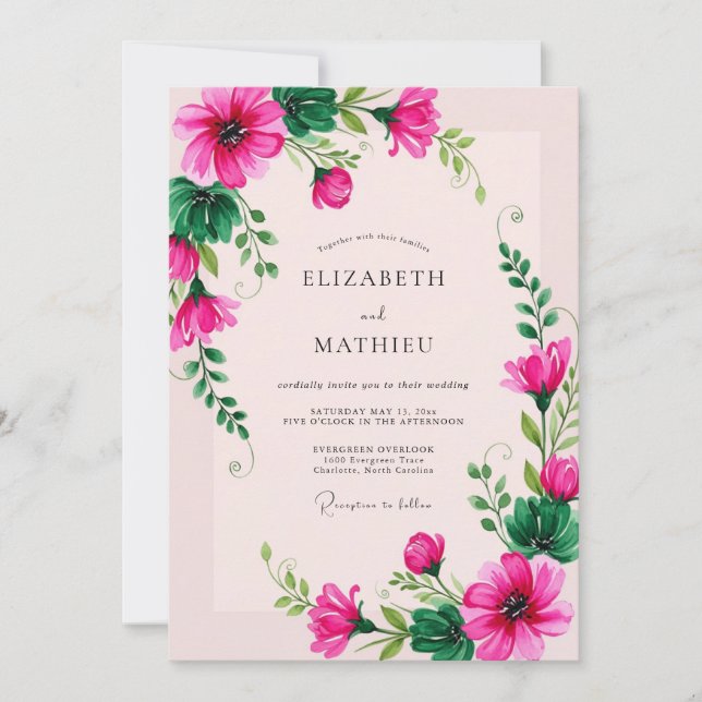 Invitation Mariage printanier botanique fantaisiste fuchsia (Devant)