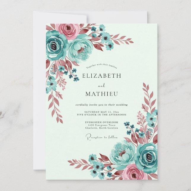 Invitation Mariage printanier botanique fantaisiste sarcelle (Devant)