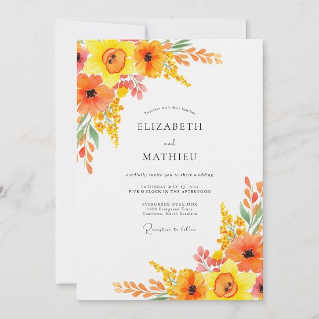 Invitation Mariage printanier botanique Orange Lively (Devant)