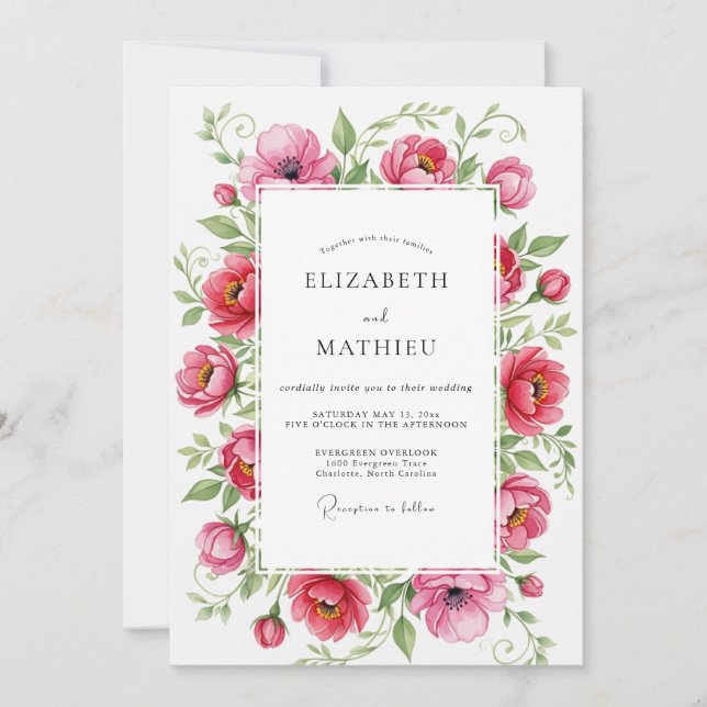 Invitation Mariage printanier botanique rose vif (Devant)