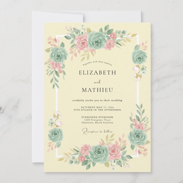Invitation Mariage Printanier Brillant Rose et Sarcelle (Devant)