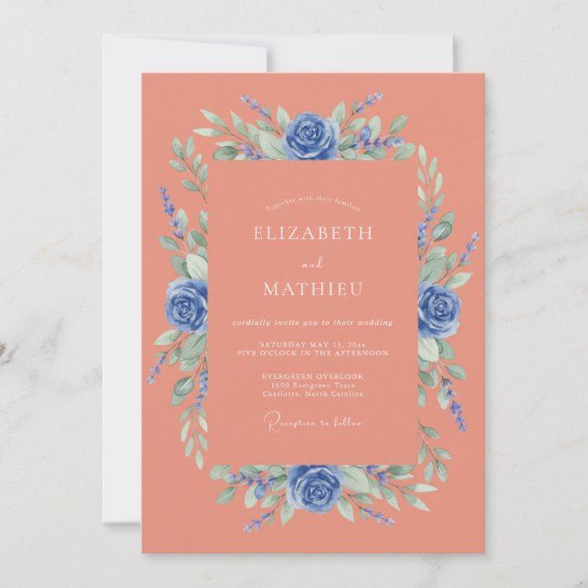 Invitation Mariage Printanier Corail Bleu Vif (Devant)