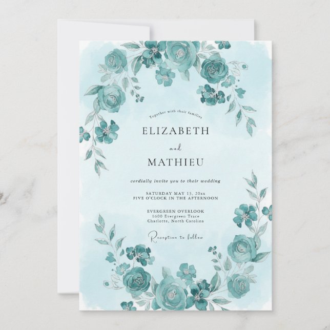 Invitation Mariage printanier cyan immaculé (Devant)