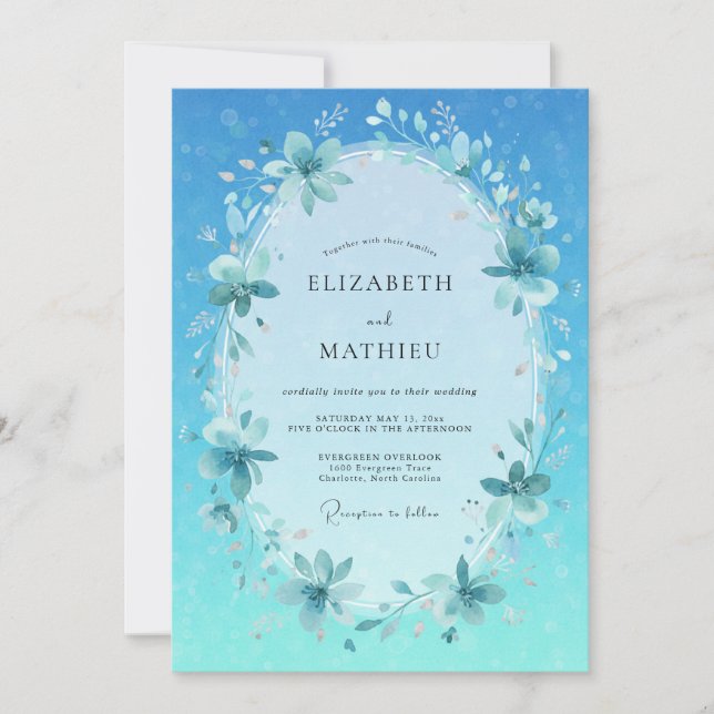 Invitation Mariage printanier cyan peint à la main (Devant)