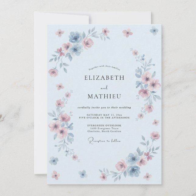 Invitation Mariage printanier délicat bleu clair (Devant)