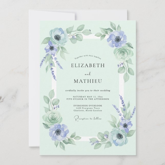 Invitation Mariage Printanier Doux Menthe (Devant)
