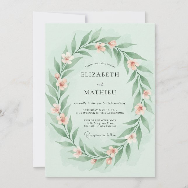 Invitation Mariage Printanier Doux Vert Menthe (Devant)