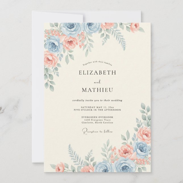 Invitation Mariage Printanier Élégant Bleu Acier (Devant)