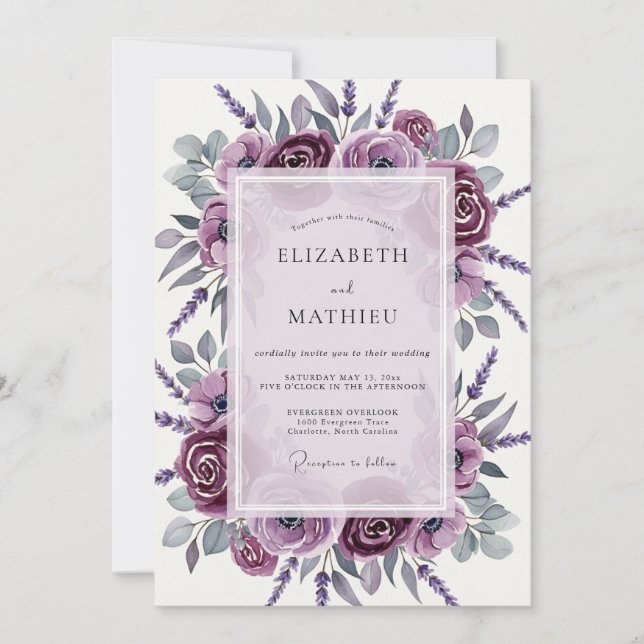 Invitation Mariage Printanier Élégant Mauve (Devant)