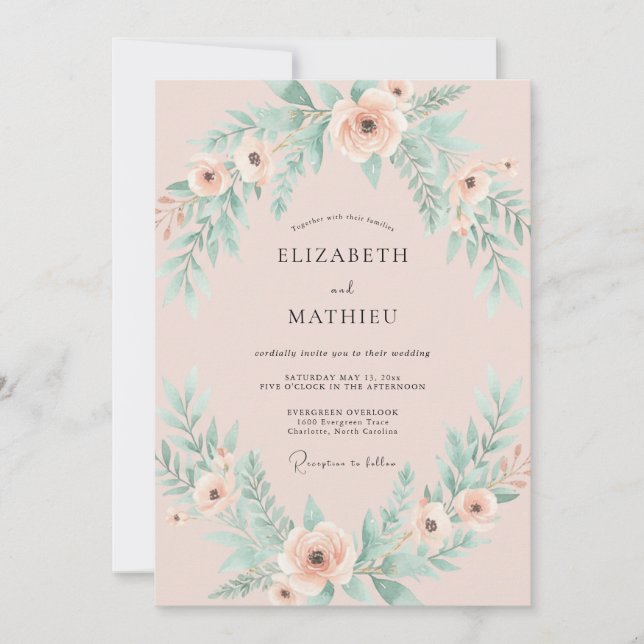 Invitation Mariage Printanier Élégant Rose Pâle (Devant)