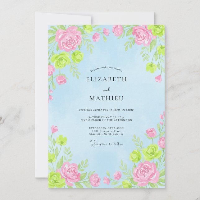 Invitation Mariage printanier en bleu ciel enjoué (Devant)