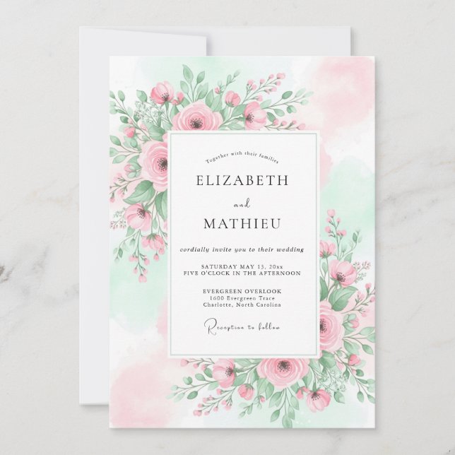 Invitation Mariage printanier éthéré aux teintes rose et ment (Devant)
