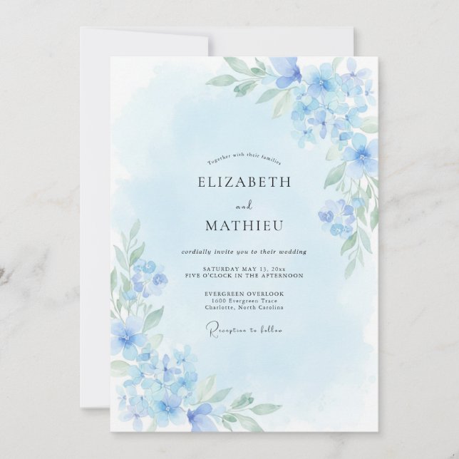 Invitation Mariage Printanier Éthéré Bleu Ciel (Devant)