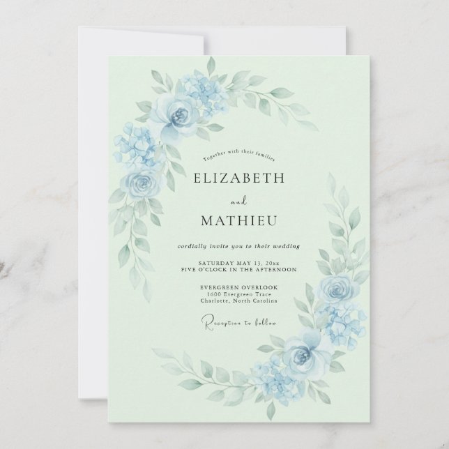 Invitation Mariage printanier éthéré bleu poudré (Devant)