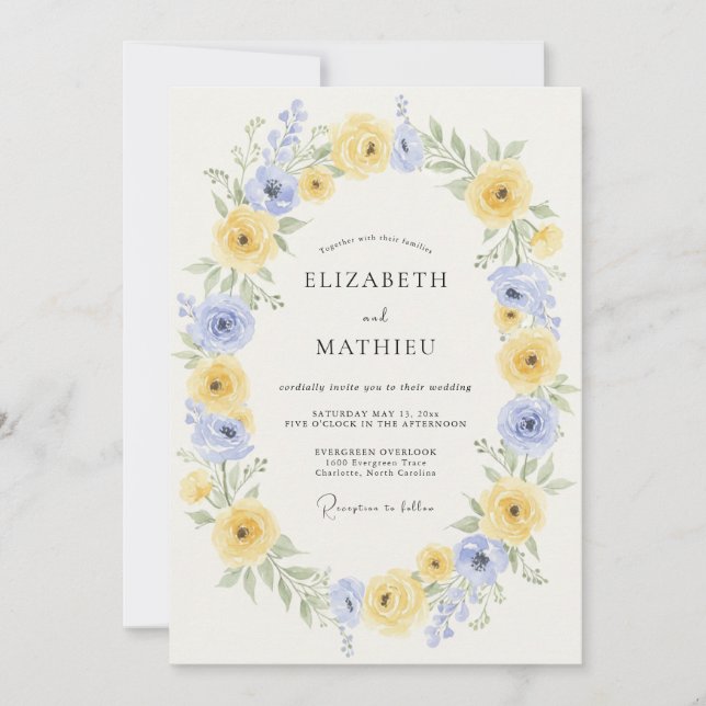 Invitation Mariage Printanier Éthéré Jaune et Pervenche (Devant)