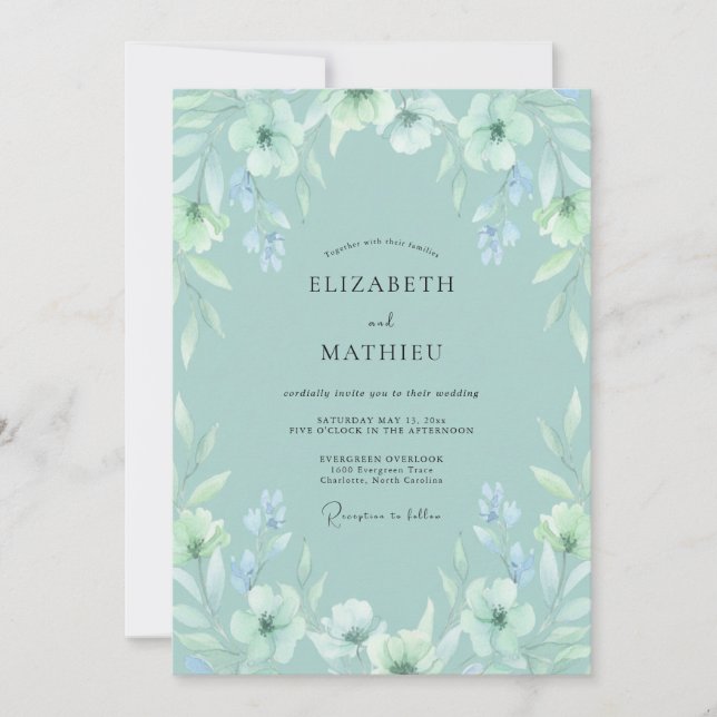 Invitation Mariage printanier éthéré vert écume de mer (Devant)