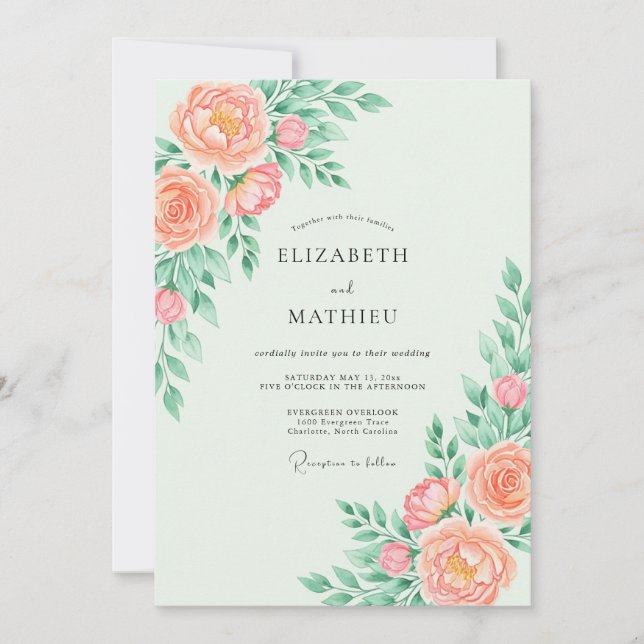 Invitation Mariage printanier fantaisiste pêche (Devant)