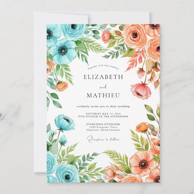 Invitation Mariage printanier fantaisiste pêche sarcelle (Devant)