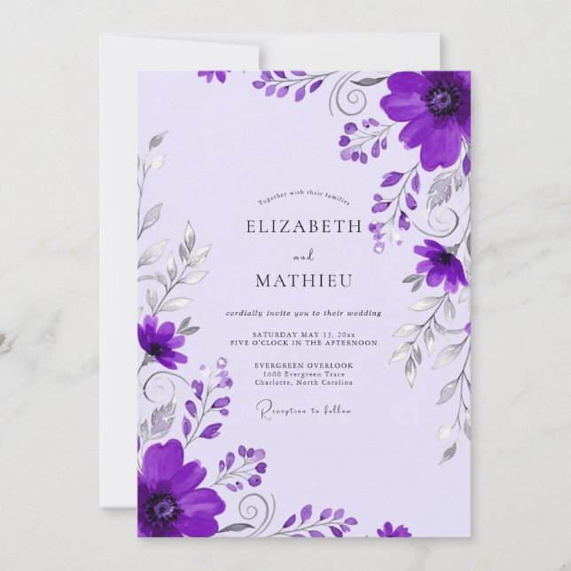 Invitation Mariage printanier fantaisiste violet (Devant)