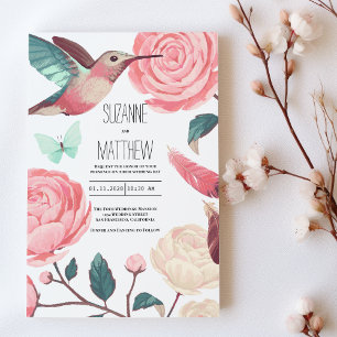 Invitation Mariage printanier floral coloré avec colibri