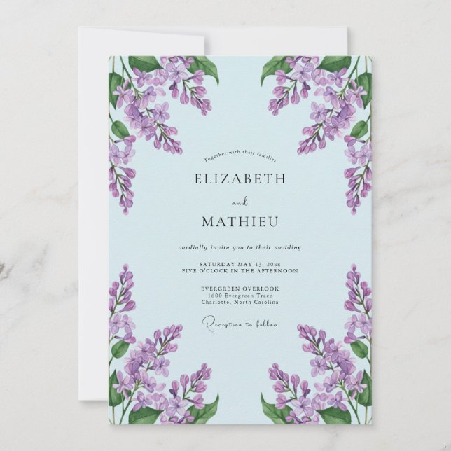 Invitation Mariage Printanier Flourissant Bleu Clair (Devant)