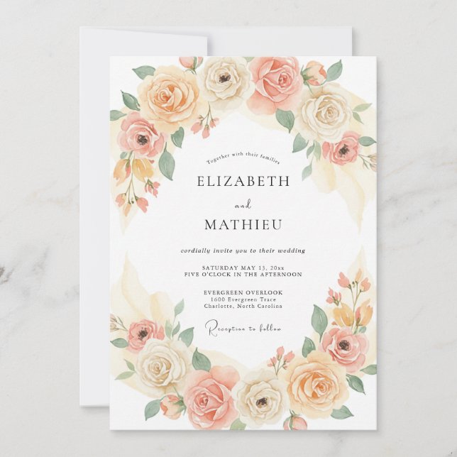 Invitation Mariage Printanier Harmonieux aux Pêches (Devant)