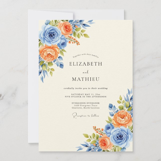 Invitation Mariage Printanier Harmonieux Bleu Barbeau (Devant)