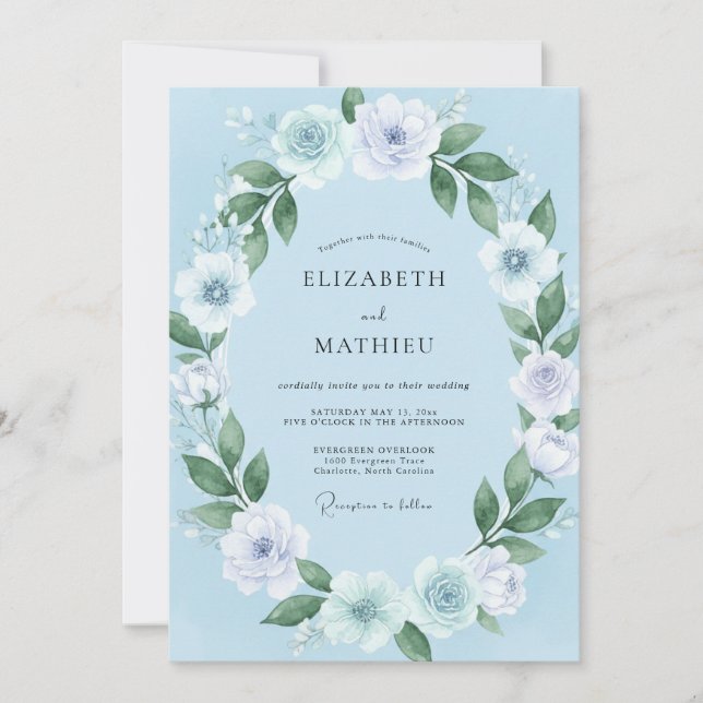 Invitation Mariage Printanier Harmonieux Bleu Ciel (Devant)